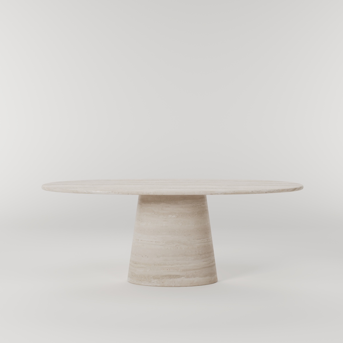 Ellipse conische one leg travertine eettafel