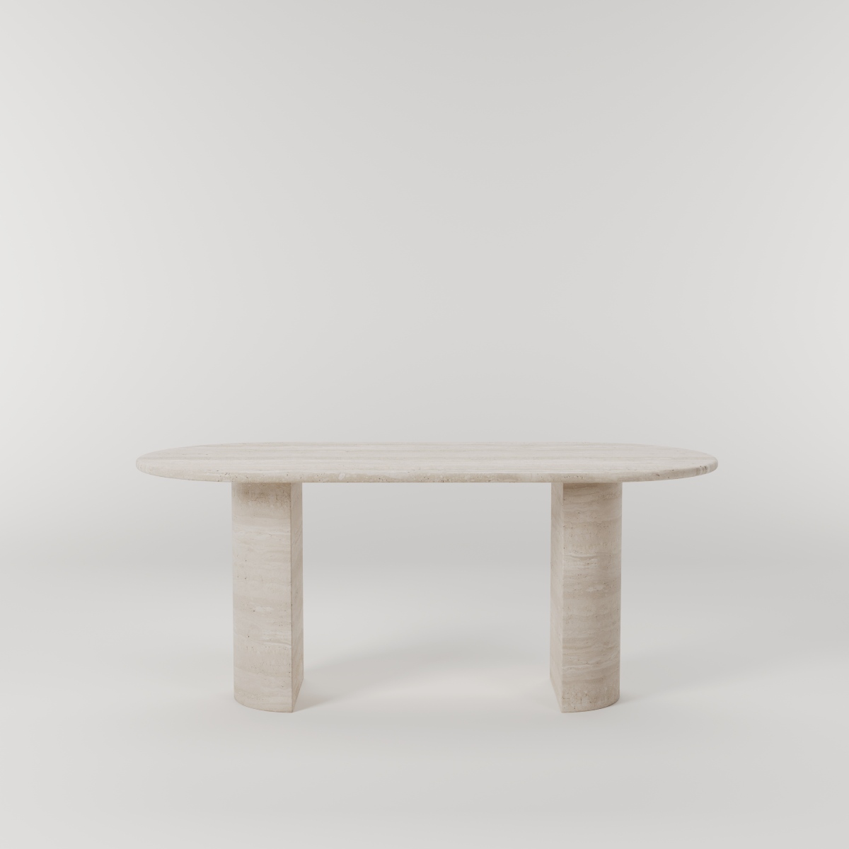 travertine ovale eettafel met dubbele halfcilinder poten